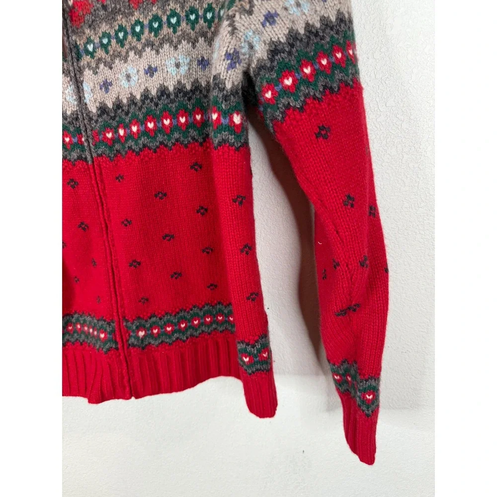 Lauren Ralph Lauren‎ Hand Knit Lambswool Fair Isle Full Zip Sweater Red Small